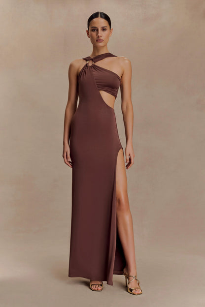 Lottie Slinky Maxi Dress With Split Chocolate