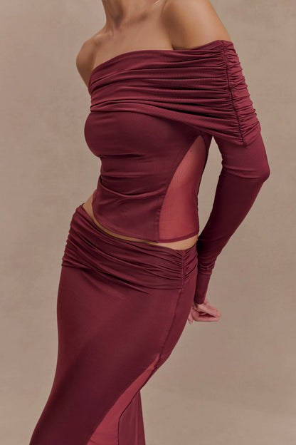 Judy Slinky And Mesh Off Shoulder Top Wine