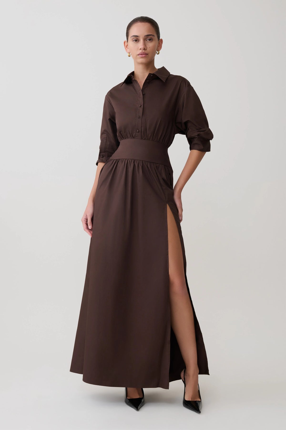 Isolde Long Sleeve Cotton Maxi Dress Dark Chocolate