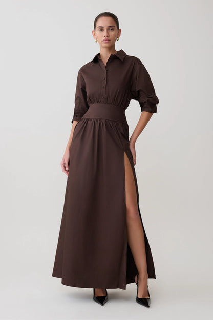 Isolde Long Sleeve Cotton Maxi Dress Dark Chocolate