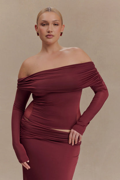 Judy Slinky And Mesh Off Shoulder Top Wine