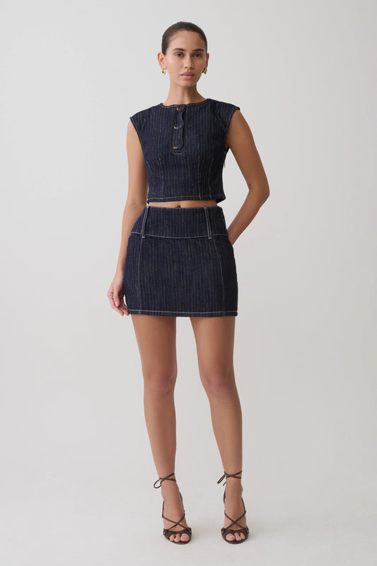 Loraine Mid Rise Denim Mini Skirt Indigo Pinstripe