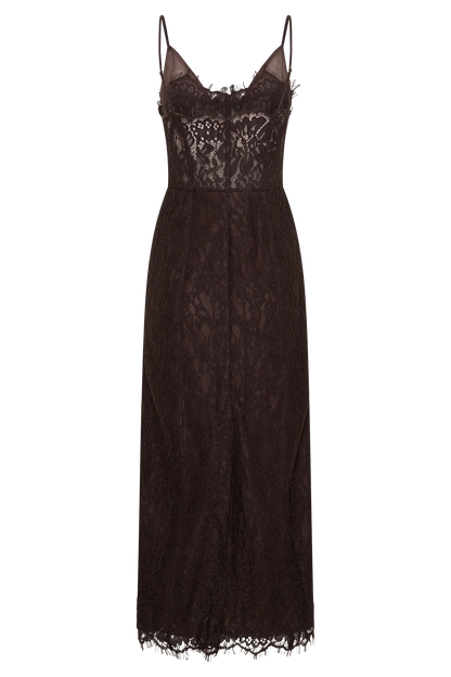 Ottilie Lace And Mesh Midi Dress Dark Chocolate