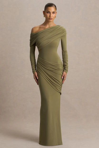 Perrie Olive Asymmetric Neck Maxi Dress With Ruched Detailing