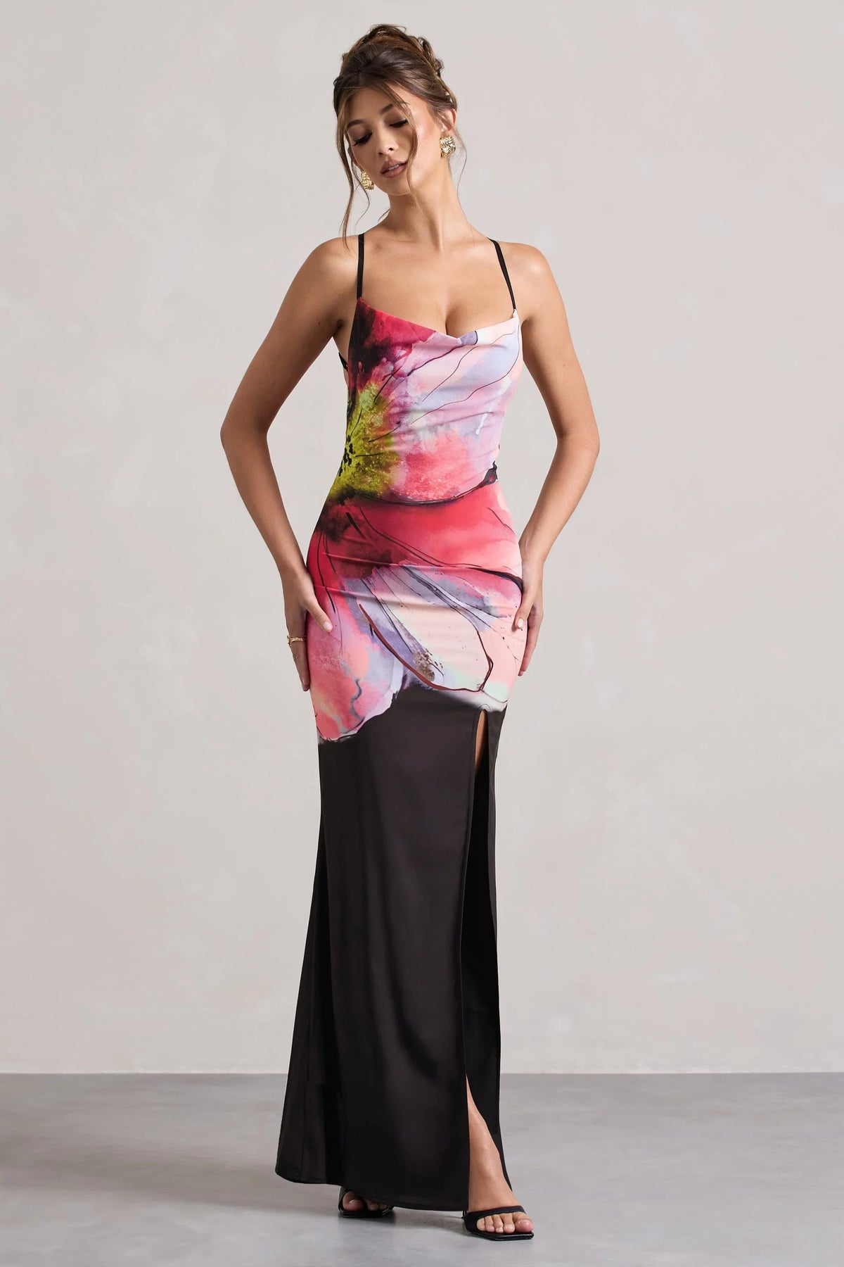Kali Black Floral Print Cowl Neck Open Back Split Maxi Dress