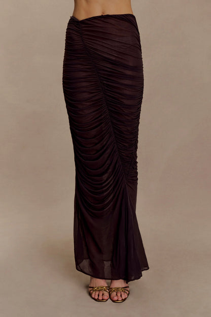 Matilda Ruched Mesh Maxi Skirt Chocolate