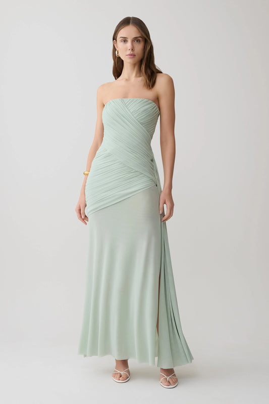 Monet Strapless Ruched Mesh Maxi Dress Aqua Grey
