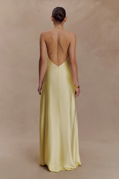 Bella Satin Halter Maxi Dress Lemon
