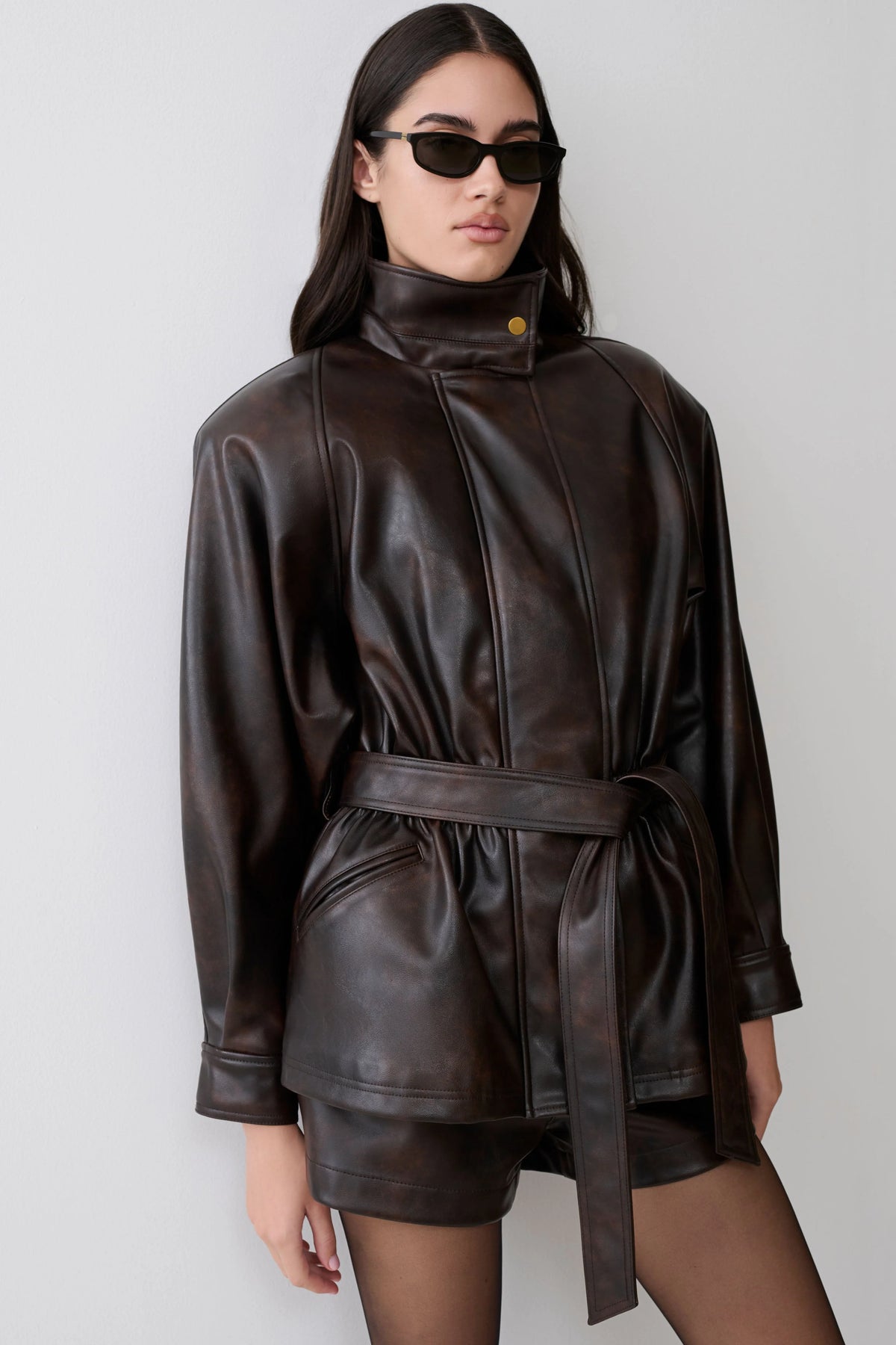 Adaline Faux Leather Cinch Waist Jacket Dark Chocolate