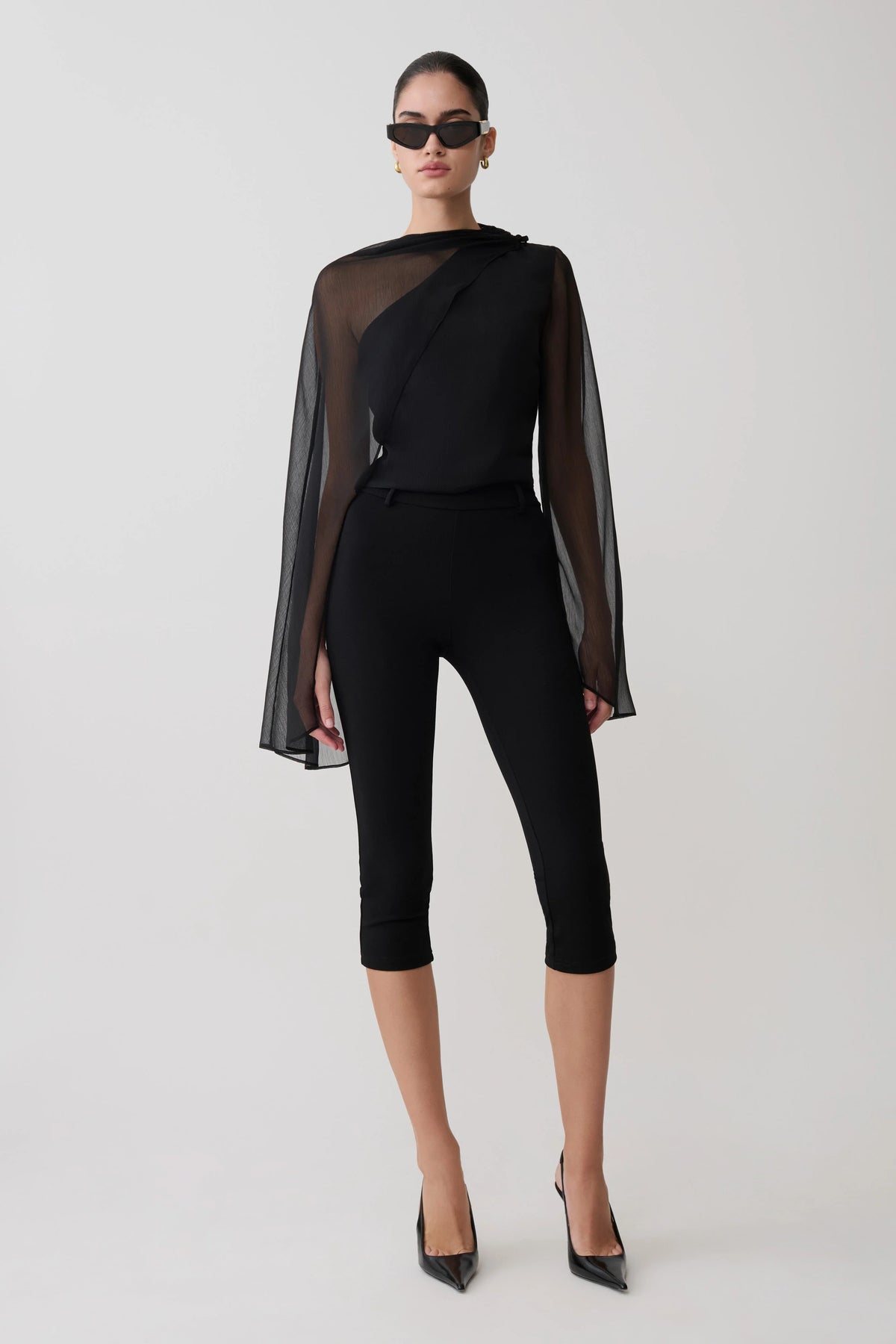 Ida Sheer Asymmetrical Long Sleeve Cape Black