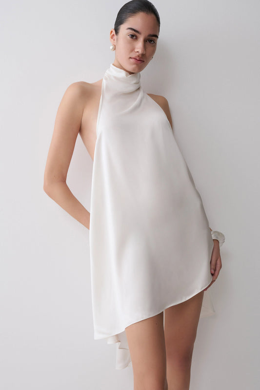 Sydney Asymmetrical Satin Halter Mini Dress Ivory