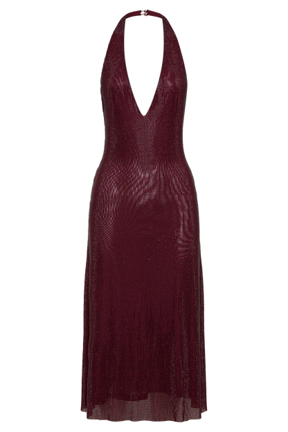 Genie Diamante Halter Midi Dress Mahogany