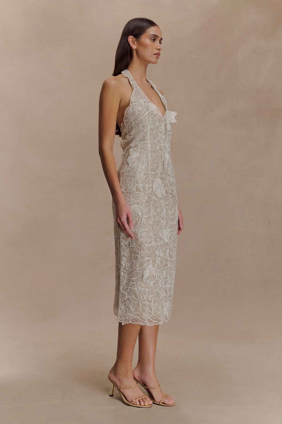 Lenore Silk Lace Halter Midi Dress Ivory