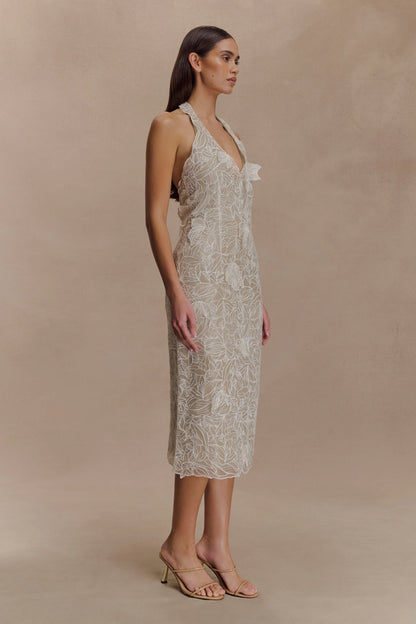 Lenore Silk Lace Halter Midi Dress Ivory