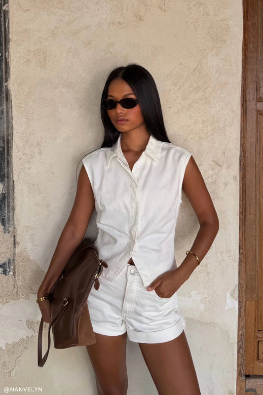Jeremy Collared Denim Longline Top White