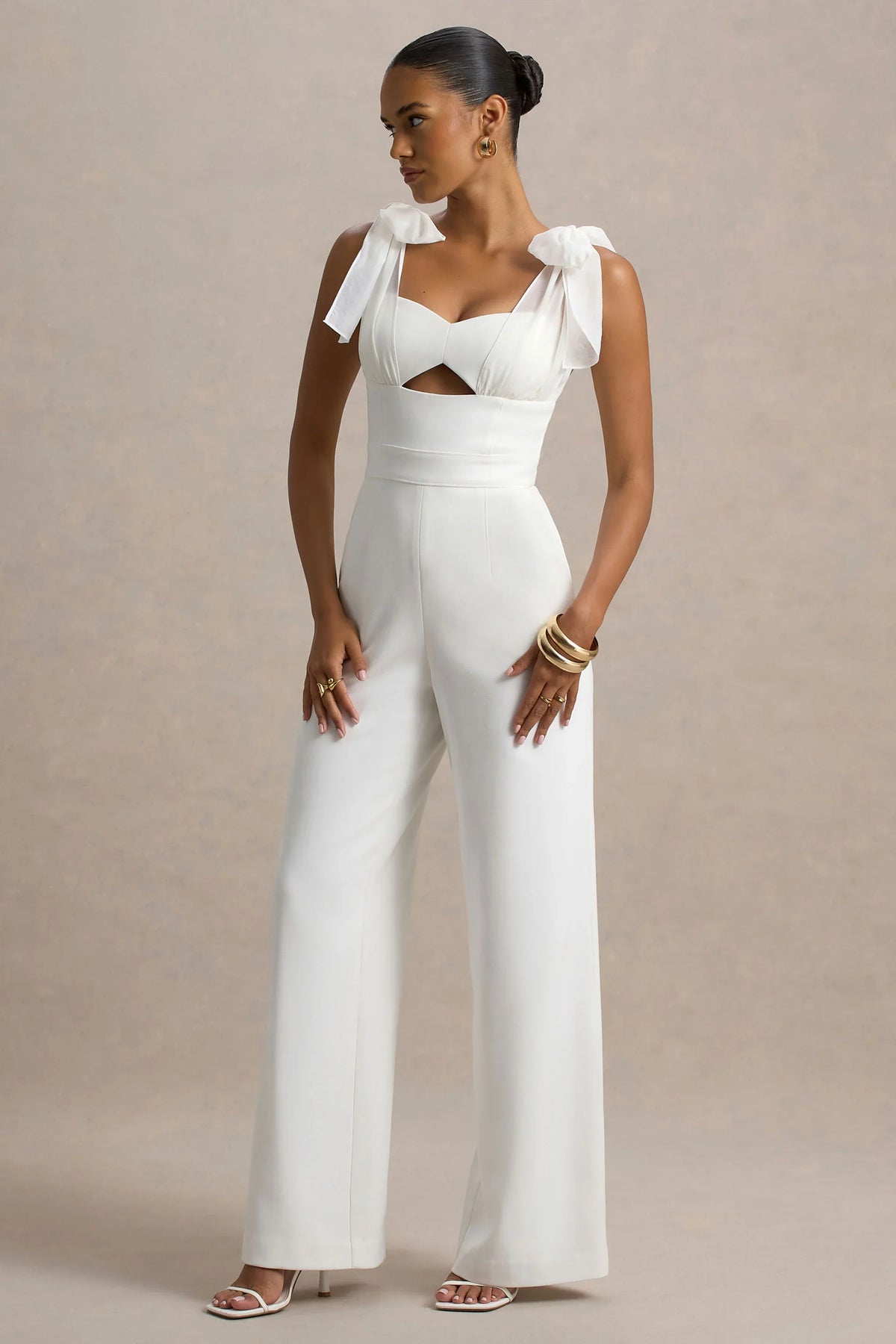 Claudelle White Flared Leg Jumpsuit With Organza Bow Straps