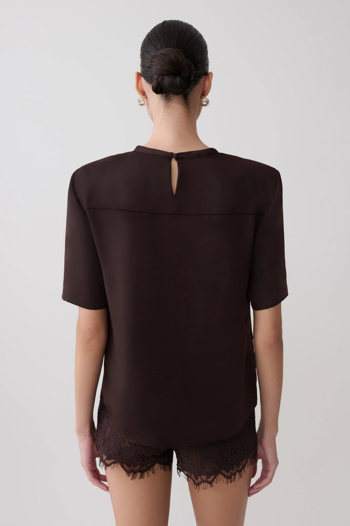 Harlyn Shoulder Pad Short Sleeve Satin Top Dark Chocolate