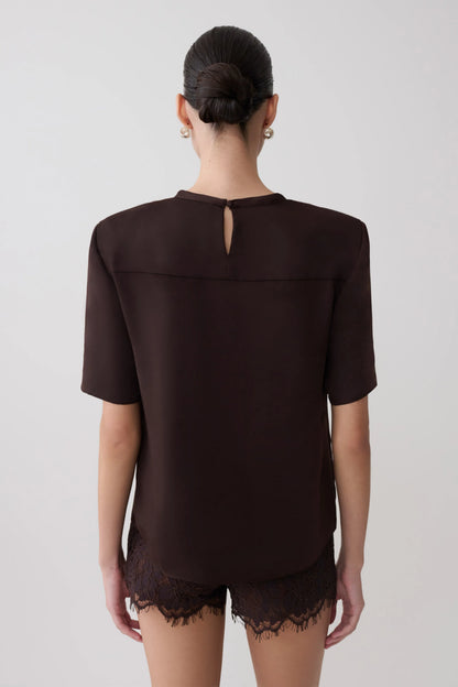 Harlyn Shoulder Pad Short Sleeve Satin Top Dark Chocolate