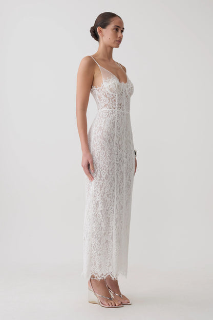 Ottilie Lace And Mesh Midi Dress White