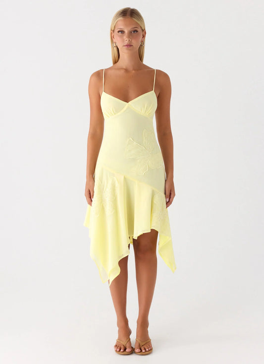 Aysha Beaded Flower Midi Dress Yellow