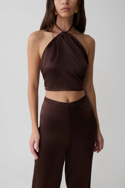 Mariana Halter Silk Blend Sleeveless Top Dark Chocolate