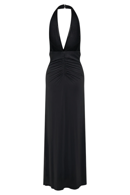 Lien Mesh Velvet Plunge Midi Dress Black