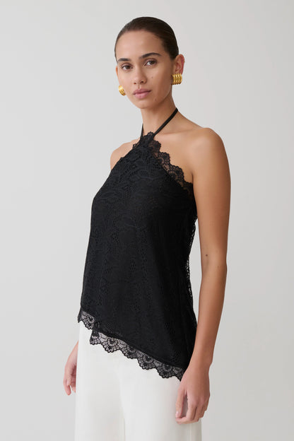 Theodosia Asymmetric Lace Halter Top Black