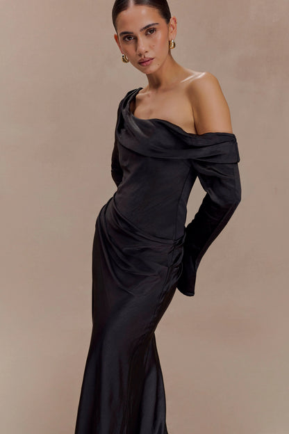 Iris Long Sleeve Satin Maxi Dress Black