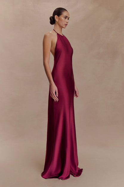 Bella Satin Halter Maxi Dress Mahogany