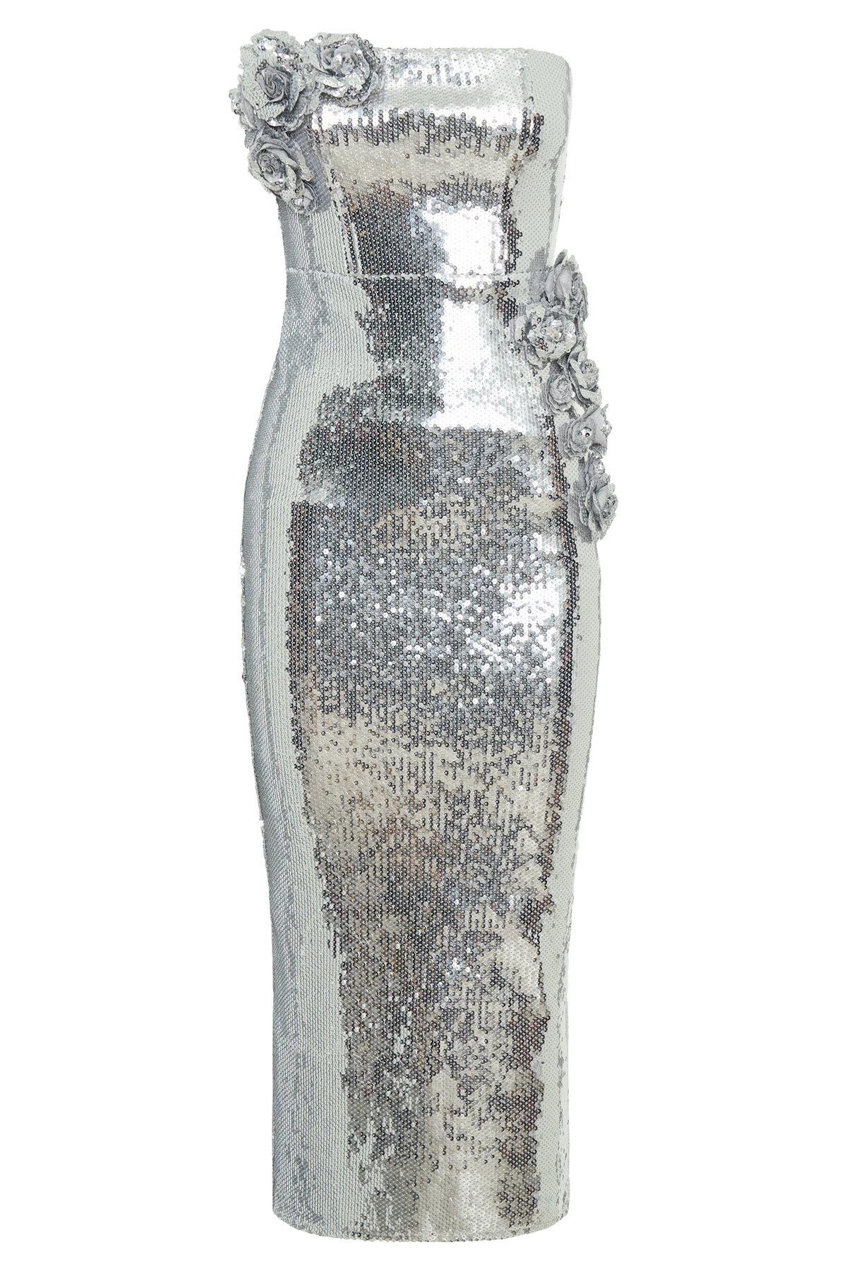 Cassia Strapless Sequin Rose Midi Dress Silver