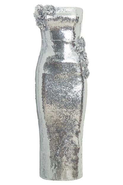 Cassia Strapless Sequin Rose Midi Dress Silver