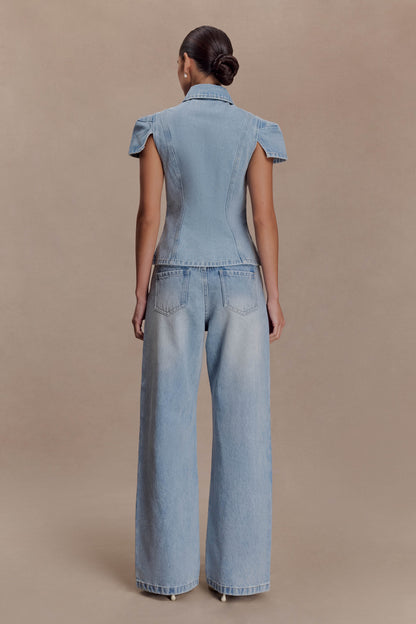 Perrie Mid Rise Straight Leg Tie Jeans Washed Light Blue