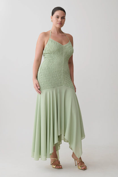 Evelyn Shirred Chiffon Maxi Dress Sage