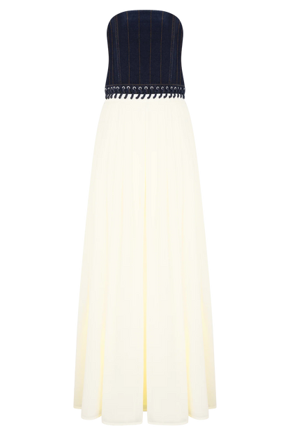 Suella Chiffon Denim Maxi Dress Indigo Blue