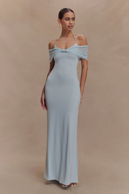 Bernadina Mesh And Slinky Halter Maxi Dress Pale Blue