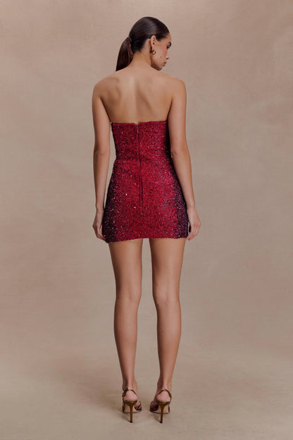 Zander Hand Beaded Strapless Mini Dress Red Ombre