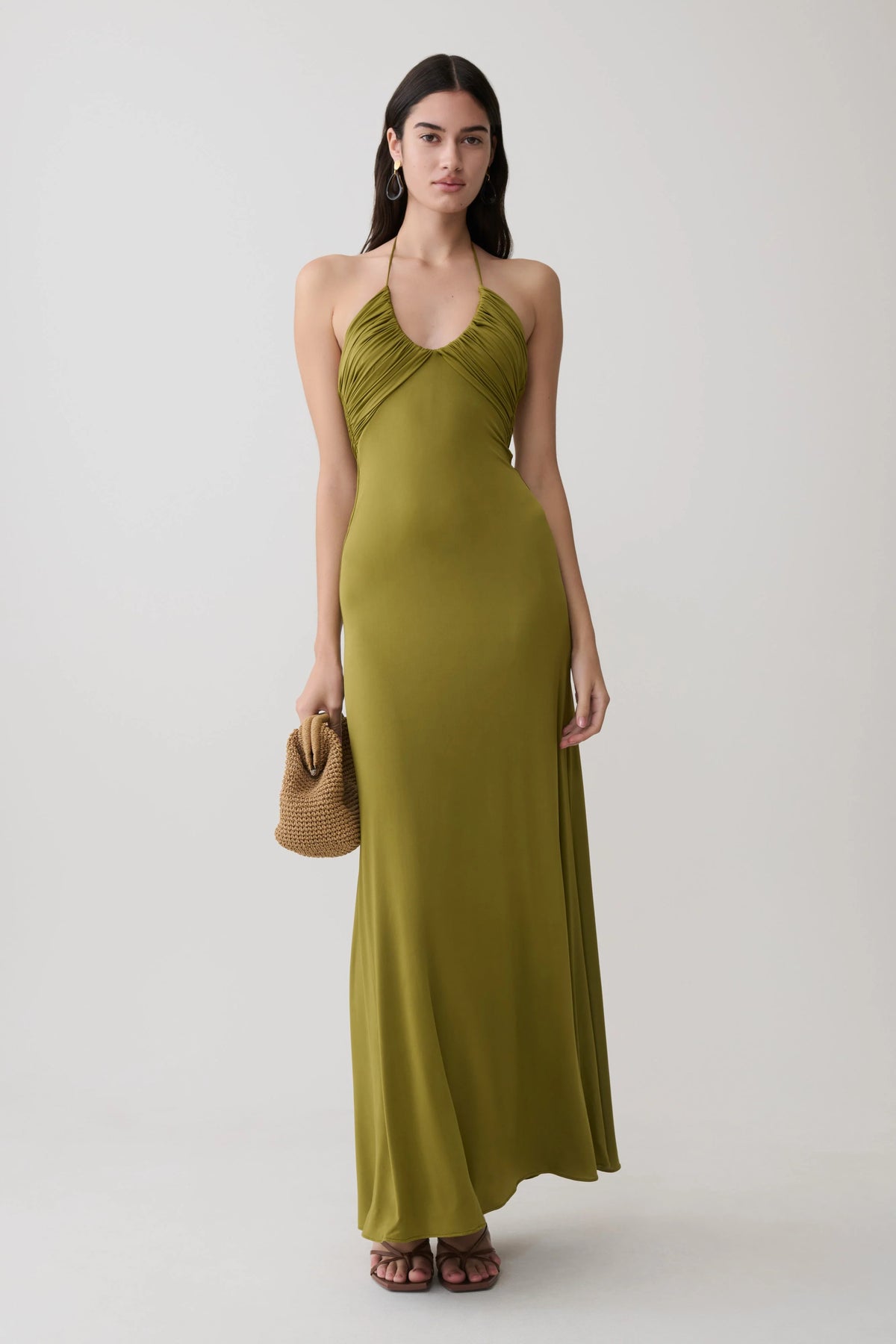 Maely Gathered Slinky Maxi Dress Olive