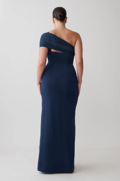 Hanh One Shoulder Mesh Maxi Dress Ink Blue