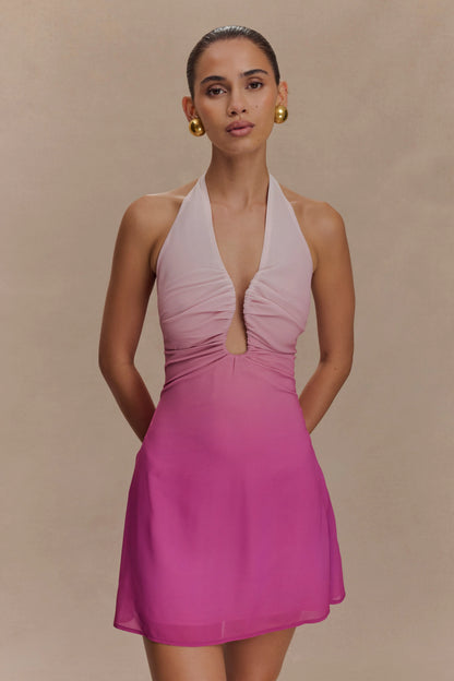 Malakhai Chiffon Halter Mini Dress Ombre Pink