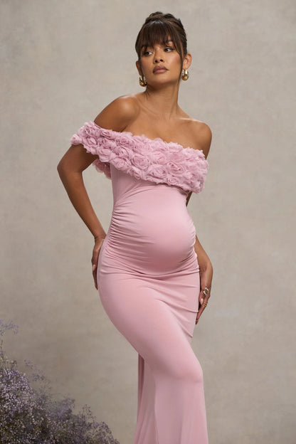 Inflorescence Blush Pink Mesh Floral Bardot Maternity Maxi Dress