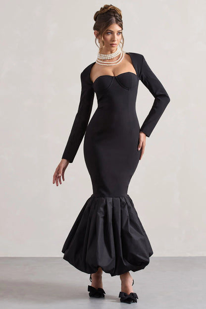 London Black Sweetheart Maxi Dress With Volume Hem