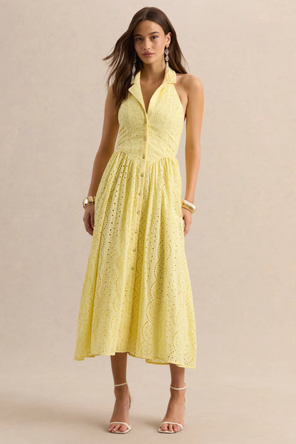 Jezebel Yellow Lace Plunge Neck Collared Midi Dress