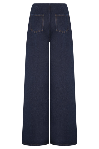Miranda Faux Suede Belted Denim Wide Leg Jeans Indigo Blue