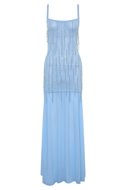 Belinda Beaded Knit Chiffon Maxi Dress Light Blue