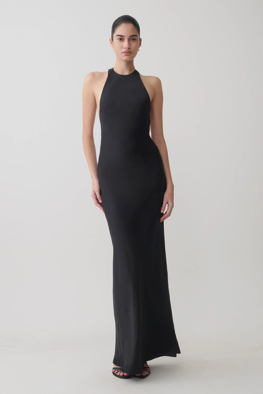 Rinna Satin Halter Maxi Dress Black