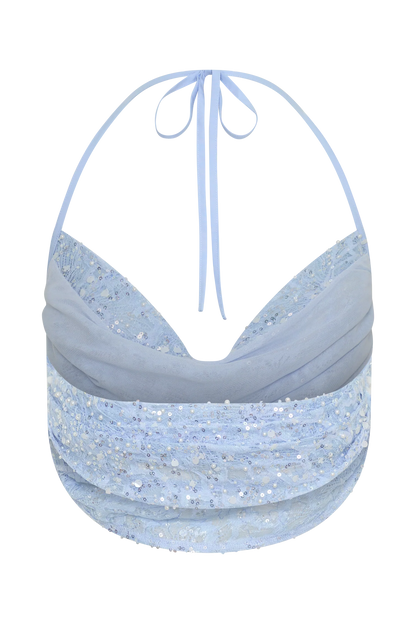 Kiara Pearl Beaded Cowl Crop Top Powder Blue