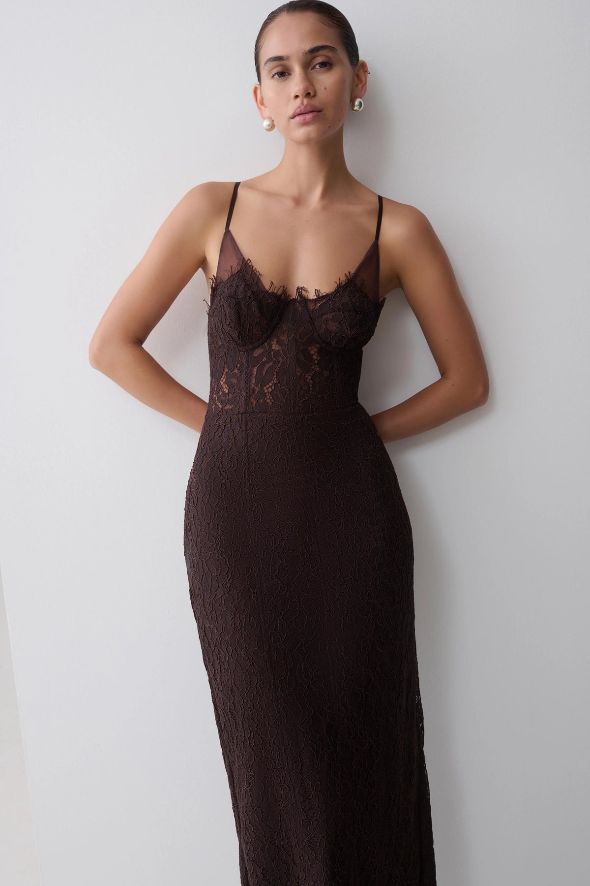 Ottilie Lace And Mesh Midi Dress Dark Chocolate