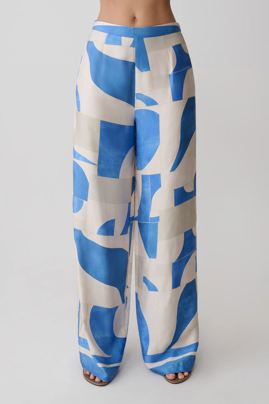 Rachel Satin Straight Leg Pants Blue Geo Tile Print
