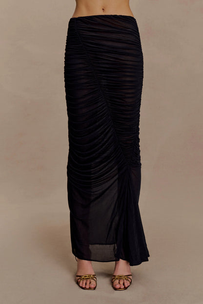Matilda Ruched Mesh Maxi Skirt Black