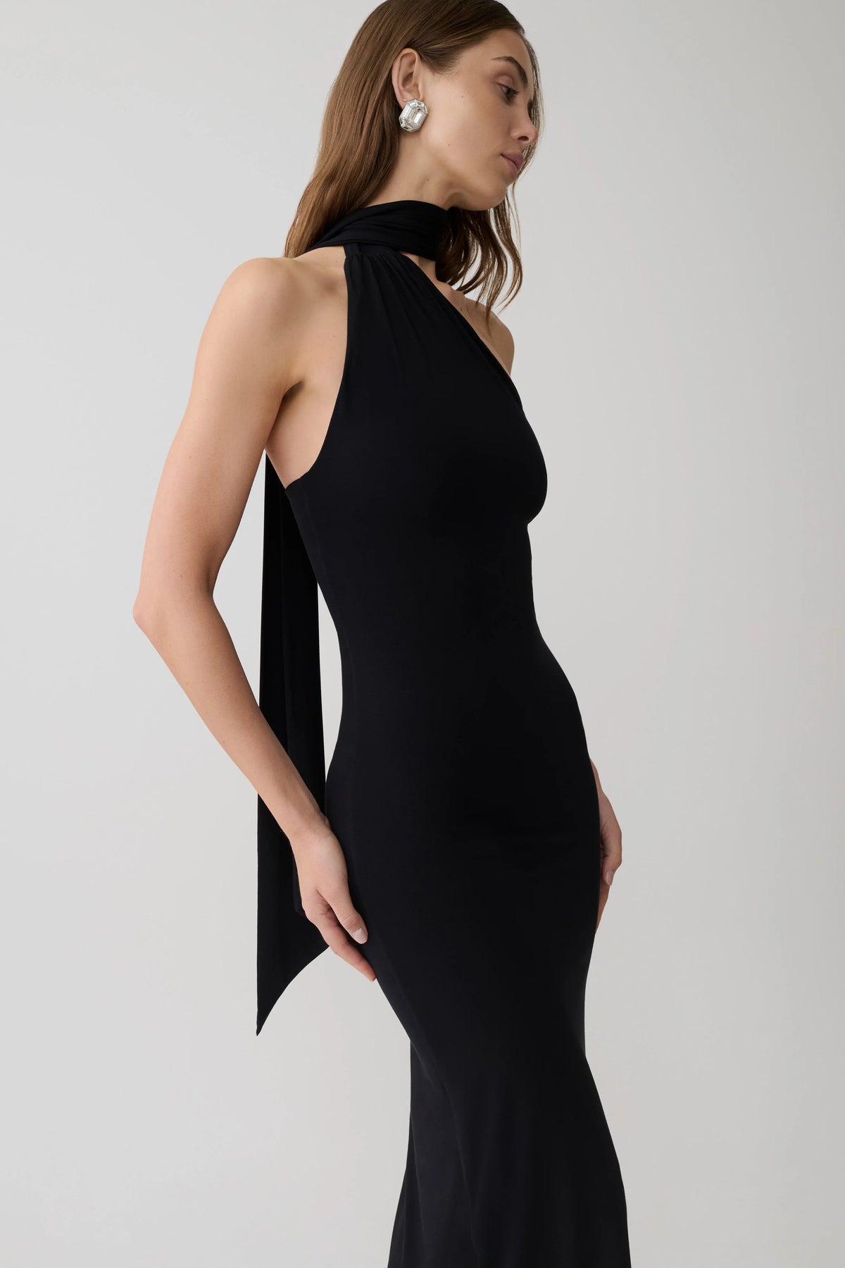 Jemma One Shoulder Tie Midi Dress Black